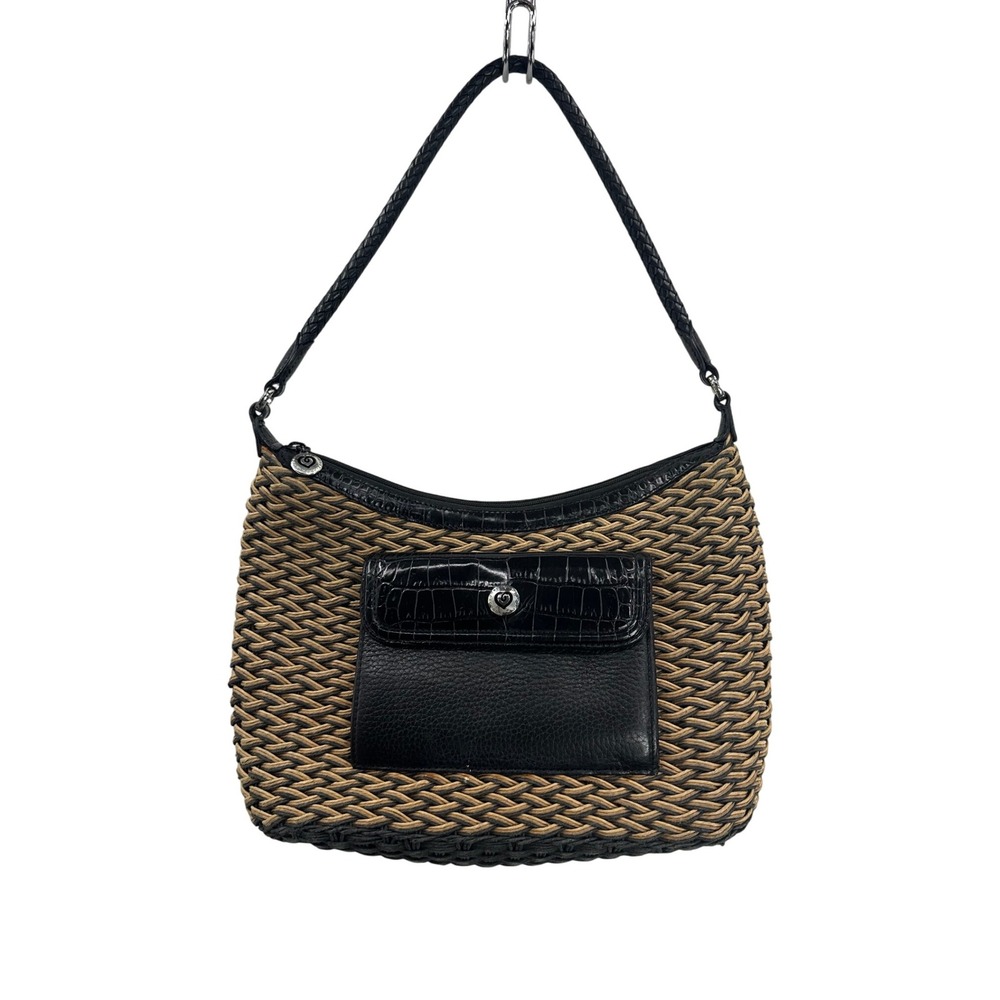 Brighton Woven Shoulder Bag Black Leather Pocket Tan Hobo Purse